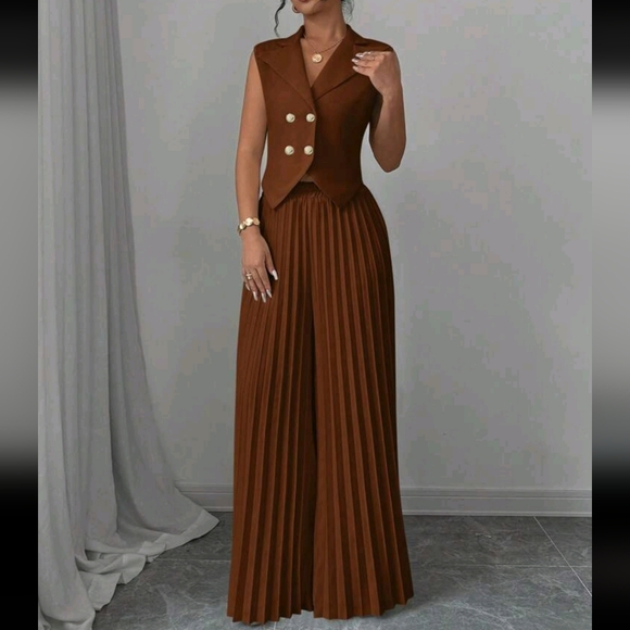 Pants - 1set Elegant Women's Solid Color Double-Breasted Sleeveless Blazer